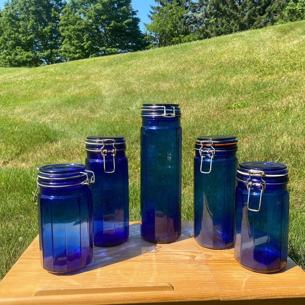 Vintage Cobalt Blue 5 Piece Canister Set Wire Bale Paneled Glass
